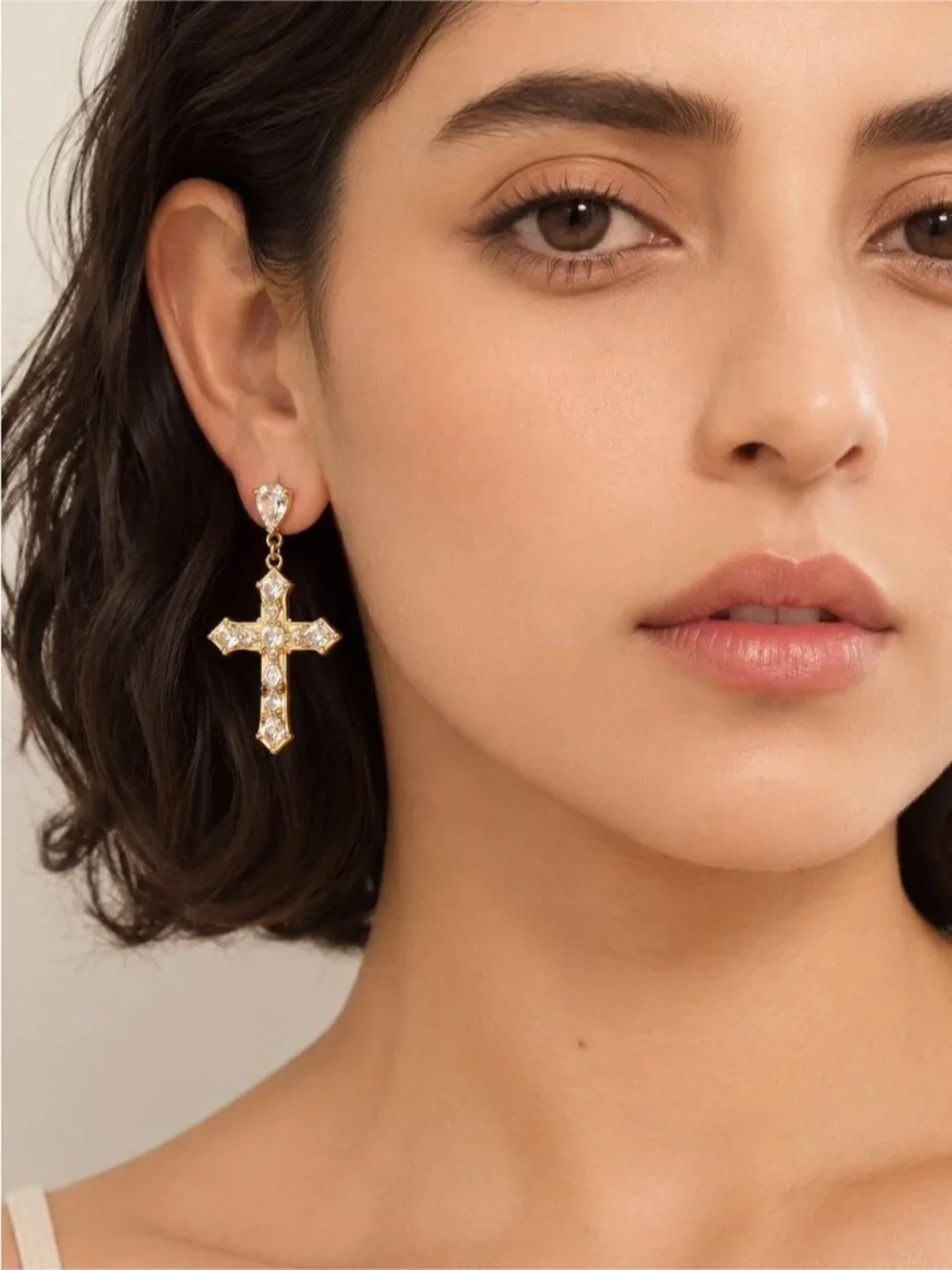 18 K plated Gold Cross Drop Earrings with Clear Stones